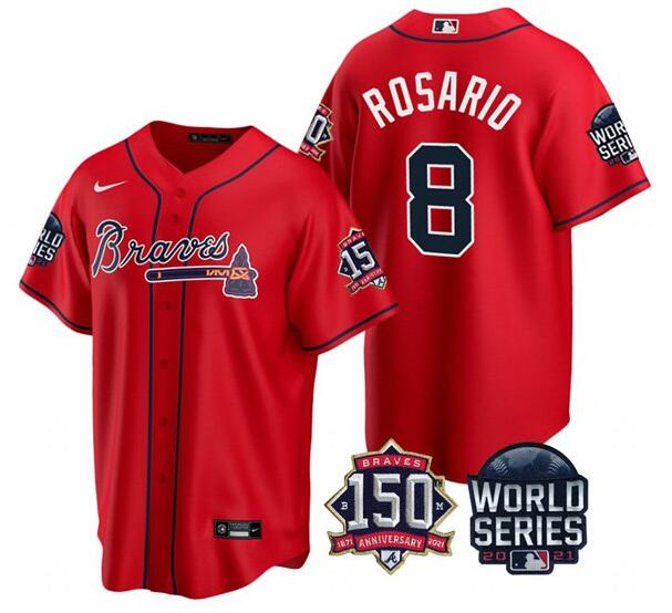Men's Atlanta Braves #8 Eddie Rosario 2021 Red World Series With 150th Anniversary Patch Cool Base Stitched Jersey Men's Atlanta Braves #8 Eddie Rosario 2021 Red World Series With 150th Anniversary Patch Cool Base Stitched Jersey